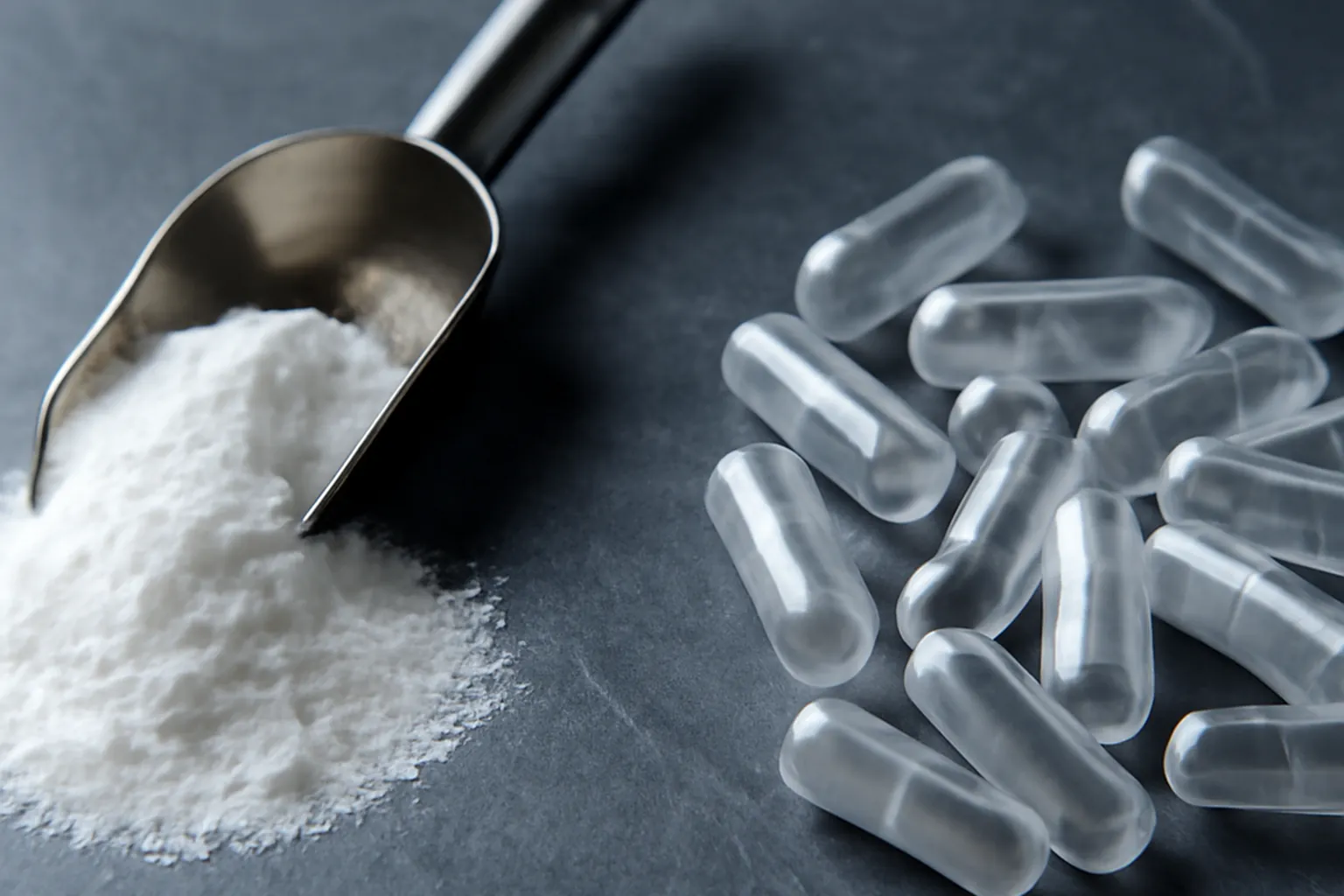 Pot de créatine monohydrate en poudre, cuillère doseuse et gélules de créatine sur une table