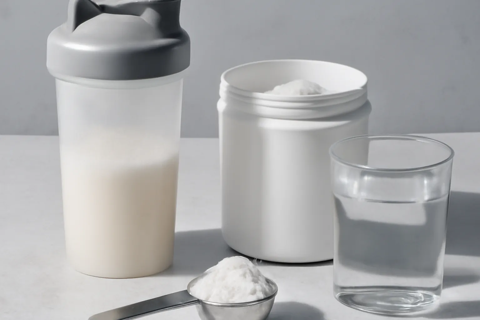 Shaker contenant de la whey et de la créatine monohydrate en poudre